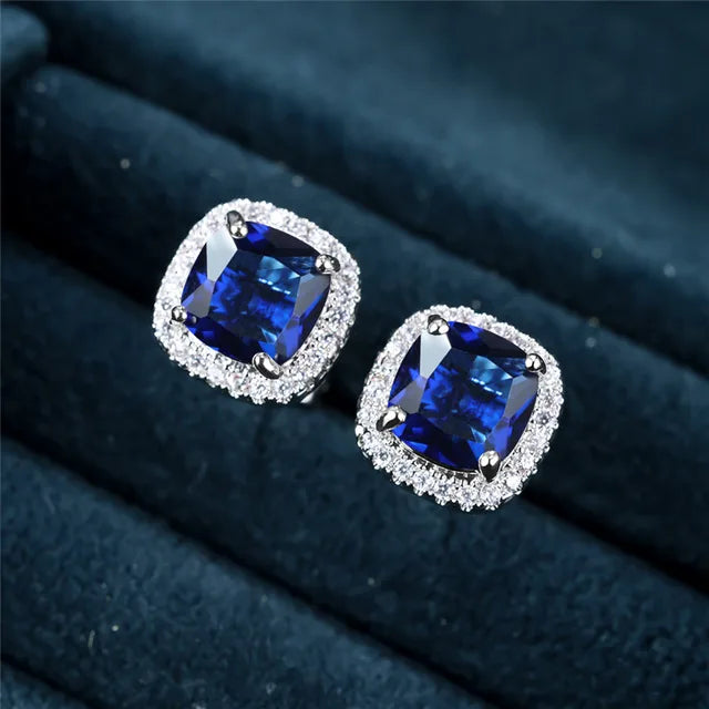 Zilveren Saffieren Halo Stud Oorbellen