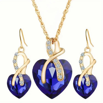 Gouden Saffieren Hart Ketting en Oorbellen Set