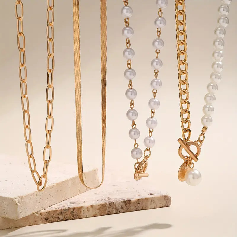 Vintage Parel & Gouden Slangen Schakelketting Set | Goud