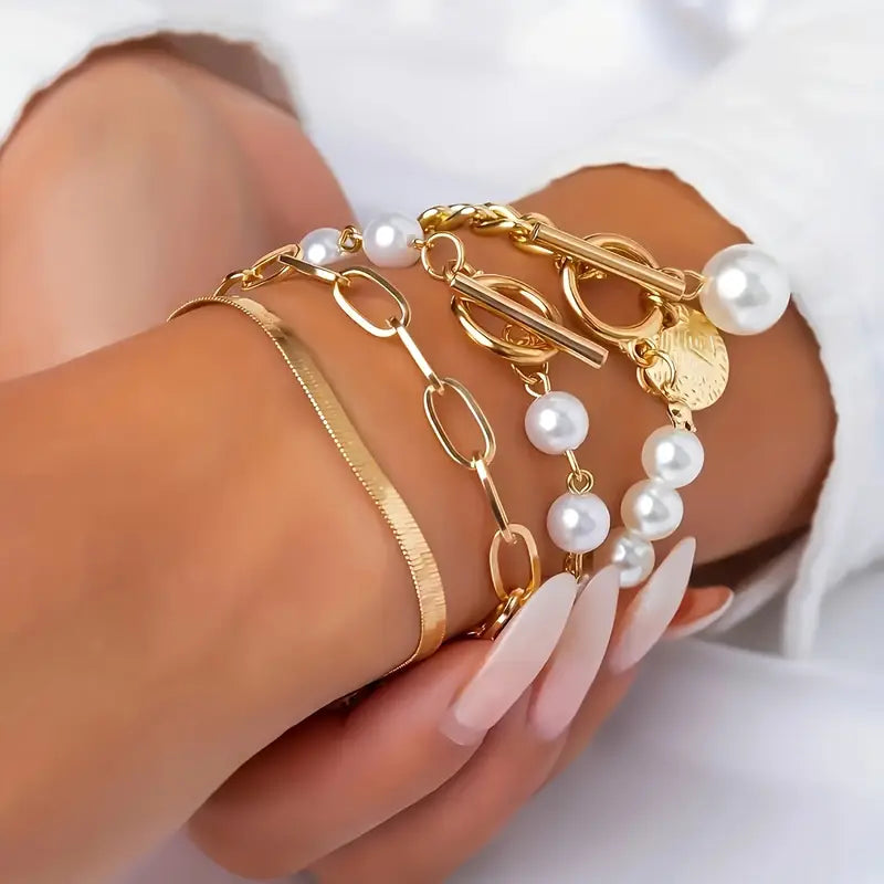 Chic Gouden 4-Piece Armband Set - Slangen, Parel & Schakels | Goud