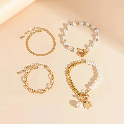 Chic Gouden 4-Piece Armband Set - Slangen, Parel & Schakels | Goud