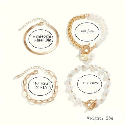 Chic Gouden 4-Piece Armband Set - Slangen, Parel & Schakels | Goud